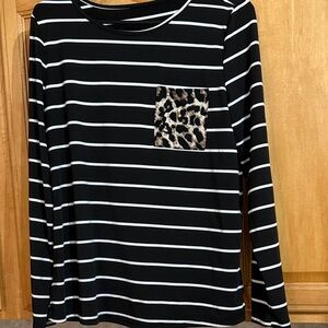 Chic Black and White Striped Top with Leopard Accent